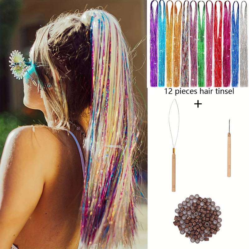 12 Colors Hair Tinsel Kit 2400 Strands Tinsel Hair - Temu